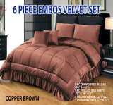 6 PC Bridal Embossed Velvet Frill Duvet Razai Set (Copper Brown)