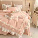Square Style Bedding Set Romantic Double Layer Ruffles Quilt Cover Set - Light Pink