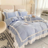 Square Style Bedding Set Romantic Double Layer Ruffles Quilt Cover Set - Sky Blue