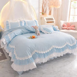 Princess Style Bedding Set Romantic Double Layer Ruffles Quilt Cover Set - Sky Blue
