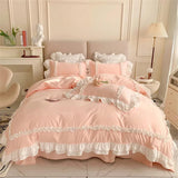 Square Style Bedding Set Romantic Double Layer Ruffles Quilt Cover Set - Light Pink