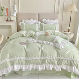 Square Style Bedding Set Romantic Double Layer Ruffles Quilt Cover Set - Sea Green