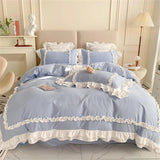 Square Style Bedding Set Romantic Double Layer Ruffles Quilt Cover Set - Sky Blue